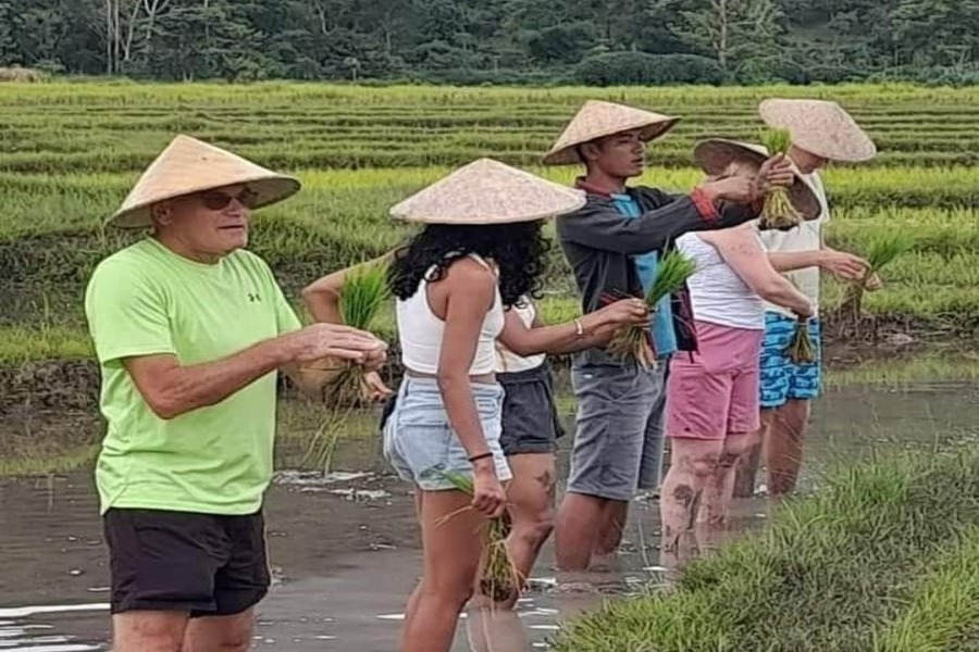 tourists of laos tours in a field